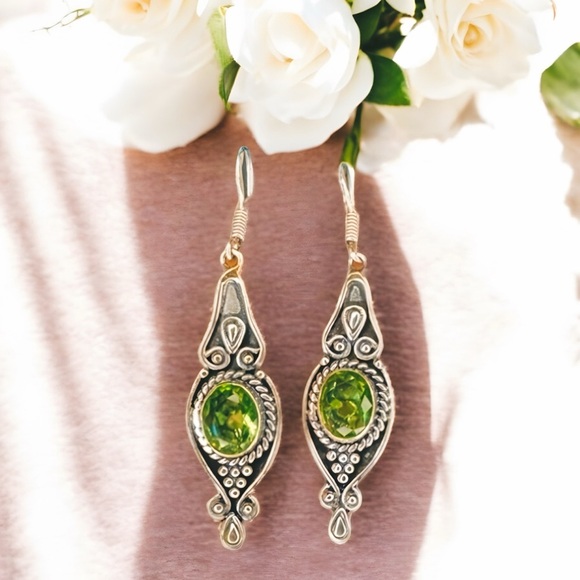 Green Amethyst and 925 Sterling Silver Dangle Drop Earrings - Picture 1 of 6